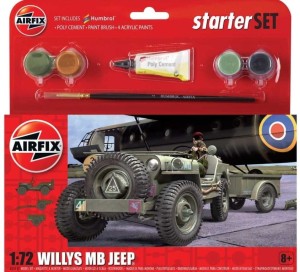 Samochód Willys MB Jeep i przyczepa 1:72 z klejem, pędzlem i farbami, Airfix 55117