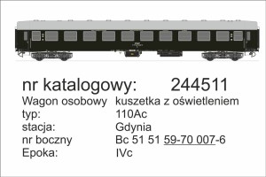 Wagon osobowy kuszetka 110Ac Gdynia H0-1:87 PKP ep. IVc + oświetlenie, ROBO 244511
