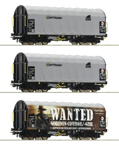 Zestaw 3 wagony plandekowe Shimmns H0-1:87 Captrain „WANTED“ ep. VI, Roco 76054.C, NA ZAMÓWIENIE