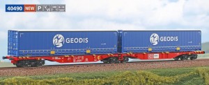 Wagon platforma kontenerowa Sggmrss 90’ z kontenerami typu naczepy 45* firmy “Geodis” H0-1:87 DB Cargo Polska ep. V-VI, ACME 40490