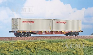 Wagon platforma Sgnss 60* z 2 kontenerami 30* Metrocargo Italia w skali H0-1:87 Touax ep. V-VI, ACME 40439, NA ZAMÓWIENIE